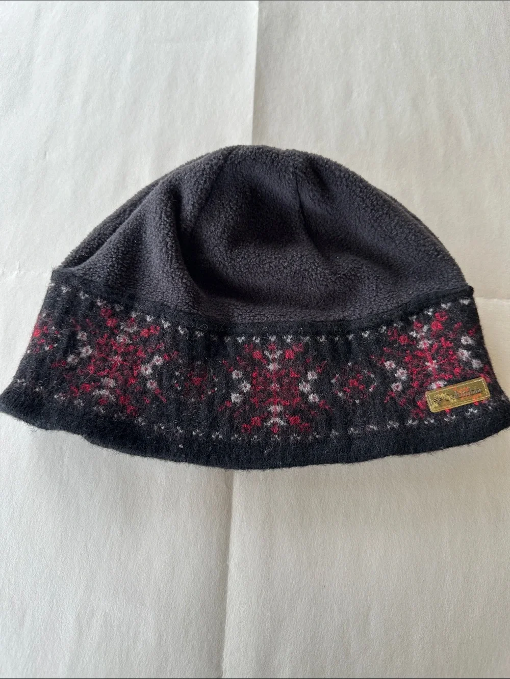 Columbia Black Fleece Kids Beanie with Red and Gray Pattern